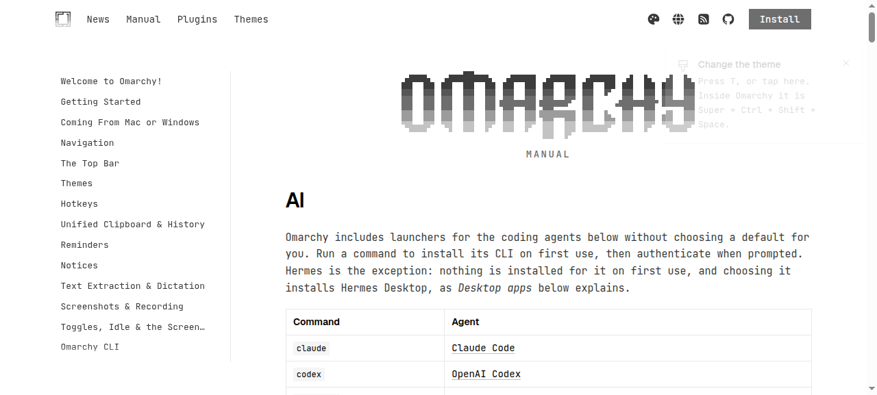 Omarchy 官方 AI 文件列出 Claude Code、Codex、OpenCode 等代理啟動方式
