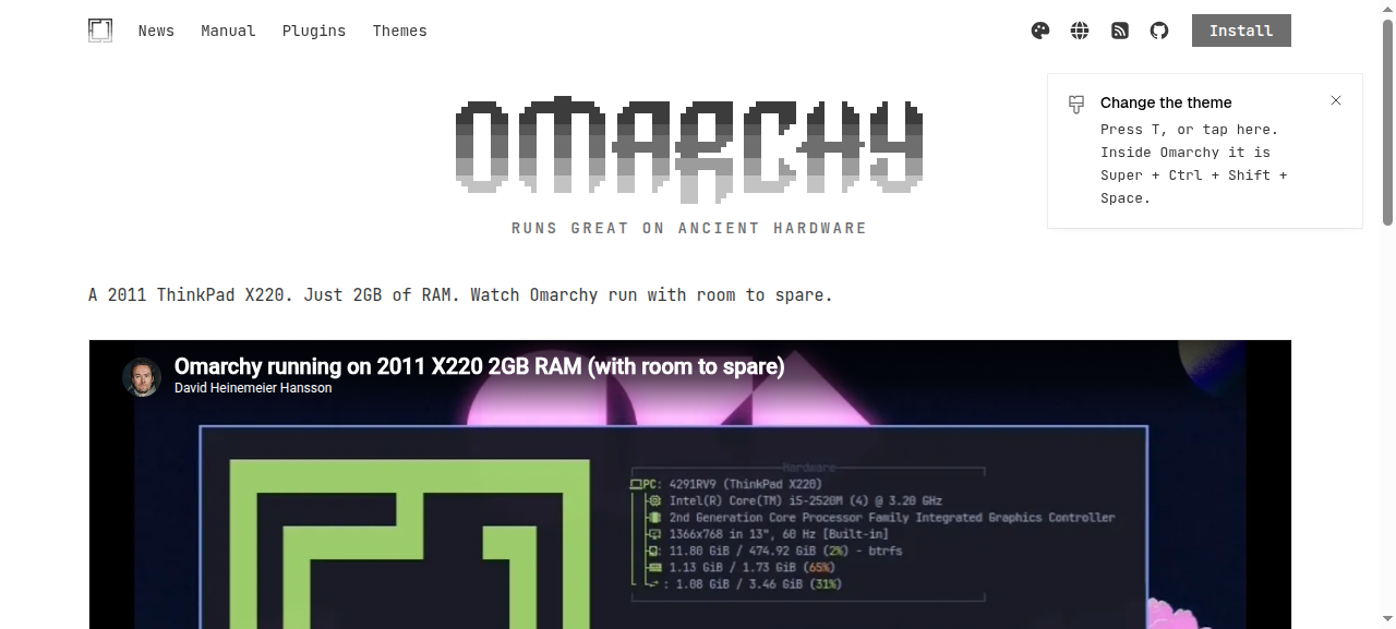 Omarchy 官方展示 2011 年 ThinkPad X220、2GB RAM 的運行示範